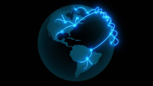 Global Network Growing Around the Earth Model Illustration. Lines and Dots Over World Map. International Connections, Communications, Cooperations. Globalization Business Technology Concept 4k.