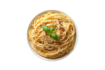 Smooth carbonara pasta with minimal garnish, black pepper sprinkled on top, and fresh basil centerpiece, isolated on a transparent background