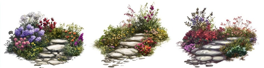 Three garden paths with varied plantings