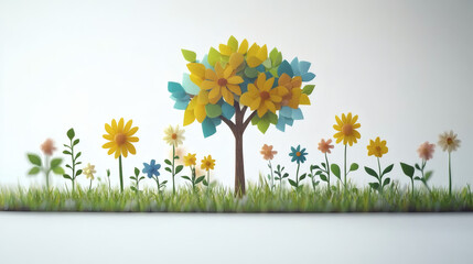 Stylized tree and flowers illustration with green grass and white background