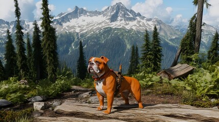 American Bulldog Gazing Into Nature with Scenic Mountain Background