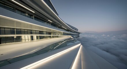 Modern architectural building above clouds