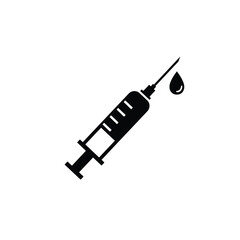 Black and white vector illustration of medical syringe with droplet of liquid for healthcare concepts