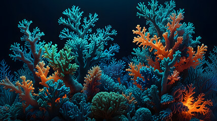 Vibrant Bioluminescent Coral Reef: Glowing Blue, Cyan & Orange Formations in Deep Sea. Underwater Marine Life, Ocean Ecosystem Background. Nature's Luminous Beauty.