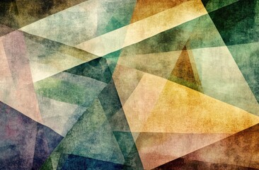 Abstract geometric design with overlapping, muted shapes.  A textured collage of triangles and rectangles in a variety of muted colors, creating a visually rich, layered aesthetic