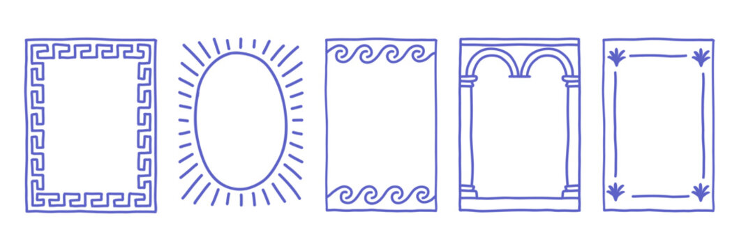 Mediterranean Frame Set — Hand Drawn Greek Meander, Sunburst, Waves, Arches, and Acanthus Ornament Borders. Perfect for summer, travel, packaging, postcards, or vintage design themes.