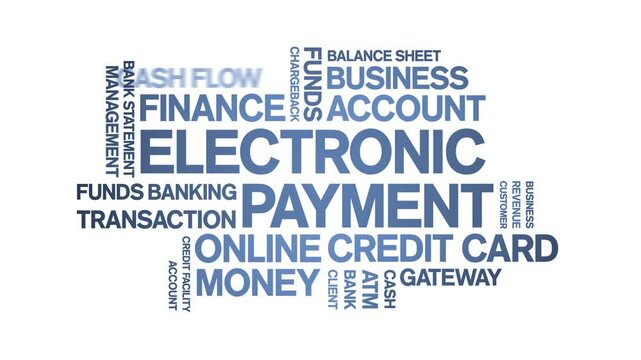 Electronic Payment animated word cloud;text design animation tag kinetic typography seamless loop.
