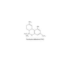 Obraz premium Δ9-Tetrahydrocannabinol (THC) molecule molecular structure, phytocannabinoid compound skeletal formula, simple diagram illustration
