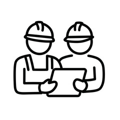 Two oil industry workers discussing plans while using a tablet  