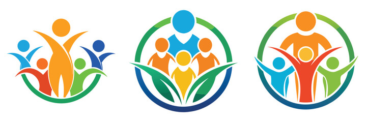 Three vibrant logos depict diverse groups of people, symbolizing community, unity, and shared growth within a circular, nature-inspired frame.