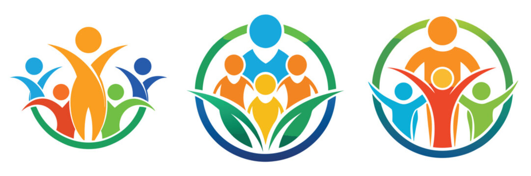 Three vibrant logos depict diverse groups of people, symbolizing community, unity, and shared growth within a circular, nature-inspired frame.