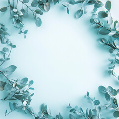 Fototapeta premium A circular arrangement of green leaves on a soft blue background, creating a natural frame. The leaves vary in size and shape, adding texture and depth to the composition.