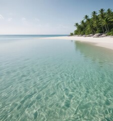Fine white sand, calm clear water, distant green island,  summer,  coast