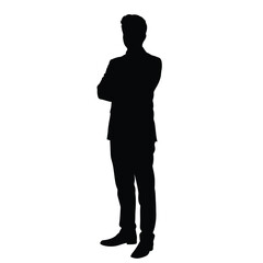 Silhouette of a confident businessman standing with arms crossed isolated against white background