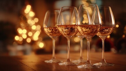 Elegant row of crystal wine glasses aligned on rustic wooden table under warm ambient lighting in cozy setting, symbolizing celebration, luxury, relaxation, and fine dining atmosphere.

