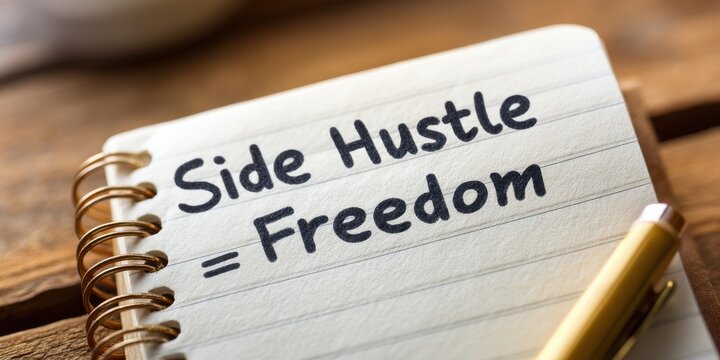 A notebook with "Side Hustle = Freedom" written on a page, suggesting financial independence and flexibility.