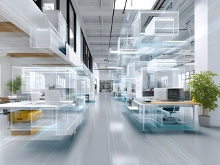 Obraz premium A modern cyberpunk office with an open floor plan and neon lights, featuring blurred employees and digital overlays of financial metrics, representing an advanced corporate finance strategy.