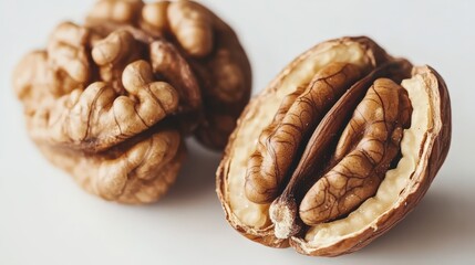Close up of freshly cracked walnuts with walnut kernel exposed in bright natural light