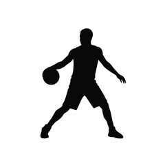 Black silhouette of a basketball player dribbling the ball on a white background