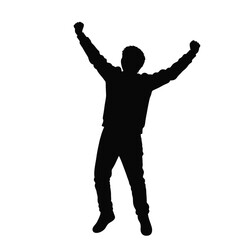 Silhouette of a man celebrating success with arms raised on a clean white background
