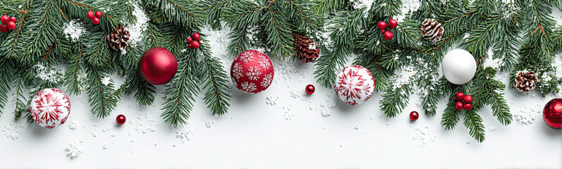 Fototapeta premium Christmas border with fir branches, red and white baubles, berries and snow on white festive background