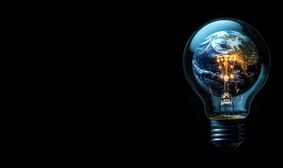 Light bulb shaped like planet Earth shines bright on dark background for ecological awareness. Header banner mockup with copy space.