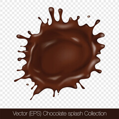 Realistic round Chocolate splash with droplets isolated on transparent background, vector (EPS) illustration. Transparent brown liquid frozen motion illustration, layered, easy to edit