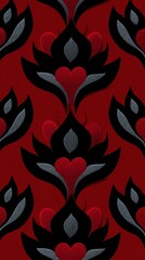 Fototapeta premium Red and Black Heart Shaped Floral Damask Seamless Pattern Design
