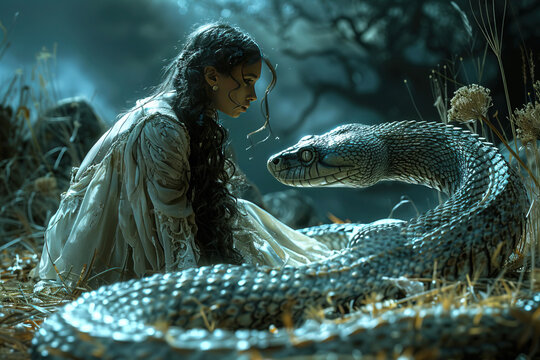 Adam and Eve with the serpent tempter in the garden of paradise with apples with a lake. Christian religious legendary story.