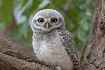 Adorable Spotted Owlet Perched on Branch: A Serene Wildlife Portrait