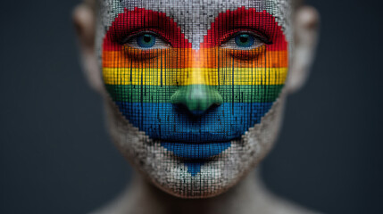 Close up of AI agent with rainbow face, showcasing vibrant colors and intricate patterns, evokes sense of creativity