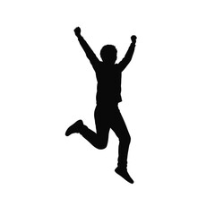 Silhouette of a joyful person celebrating success with arms raised and jumping in happiness
