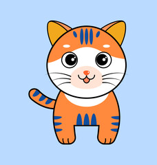 Adorable cartoon orange cat with big eyes and a playful smile on a blue background, perfect for kids’ products, prints, and digital content.