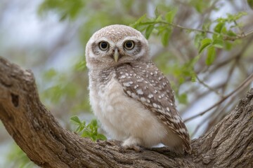 Fototapeta premium Adorable Spotted Owl Perched on Branch: Serene Nature Photography