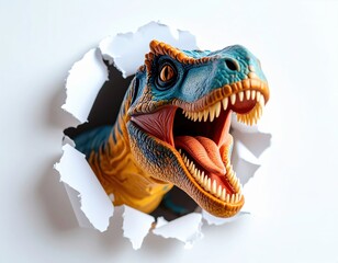Vibrant dinosaur model breaking through white paper with ferocious expression