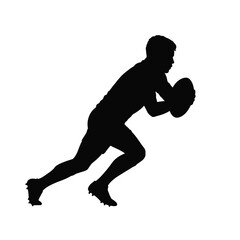 Silhouette of a rugby player running with the ball on a white background