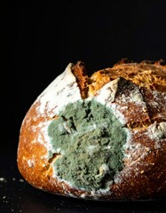 Fototapeta premium Moldy sourdough bread with green fungi on crust against dark background