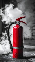 Obraz premium Red fire extinguisher amidst smoke in industrial setting