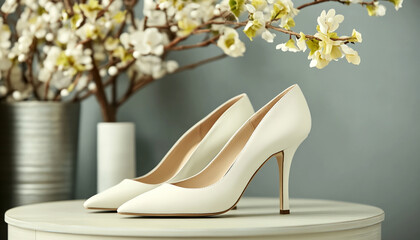 Obraz premium Composition with elegant female shoes on table