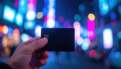 Hand holding credit card in vibrant urban night lights