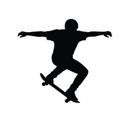 Black silhouette of skateboarder in mid-air performing a trick against white background