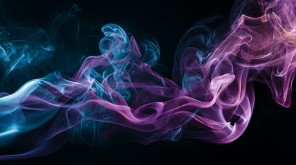 Fototapeta premium Colorful abstract smoke swirls rising and blending on black background with dramatic lighting and atmospheric effect, creative fluid movement and vibrant vapor texture captured in high contrast