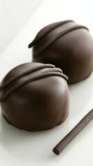 Obraz premium Close-up of Two Dark Chocolate Truffles with Chocolate Swirls on a White Background Studio Shot