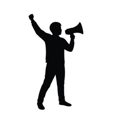 Obraz premium Silhouette of a man with megaphone raising a fist in protest or demonstration