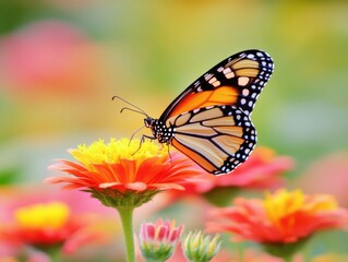Fototapeta premium Monarch butterfly feeding on vibrant orange gerbera daisy in a colorful flower garden close up view nature photography