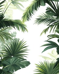 Lush Tropical Foliage Illustration with Palm and Monstera Leaves Against White Background for Exotic Design