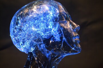 Translucent head sculpture depicting a glowing brain.