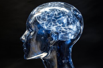 Transparent head model showcasing the intricate brain structure.