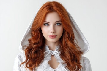 Fototapeta premium Redhead Woman in White Hooded Dress: Romantic Portrait