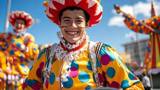Cheerful Clown in Colorful Costume Smiling at Parade Event